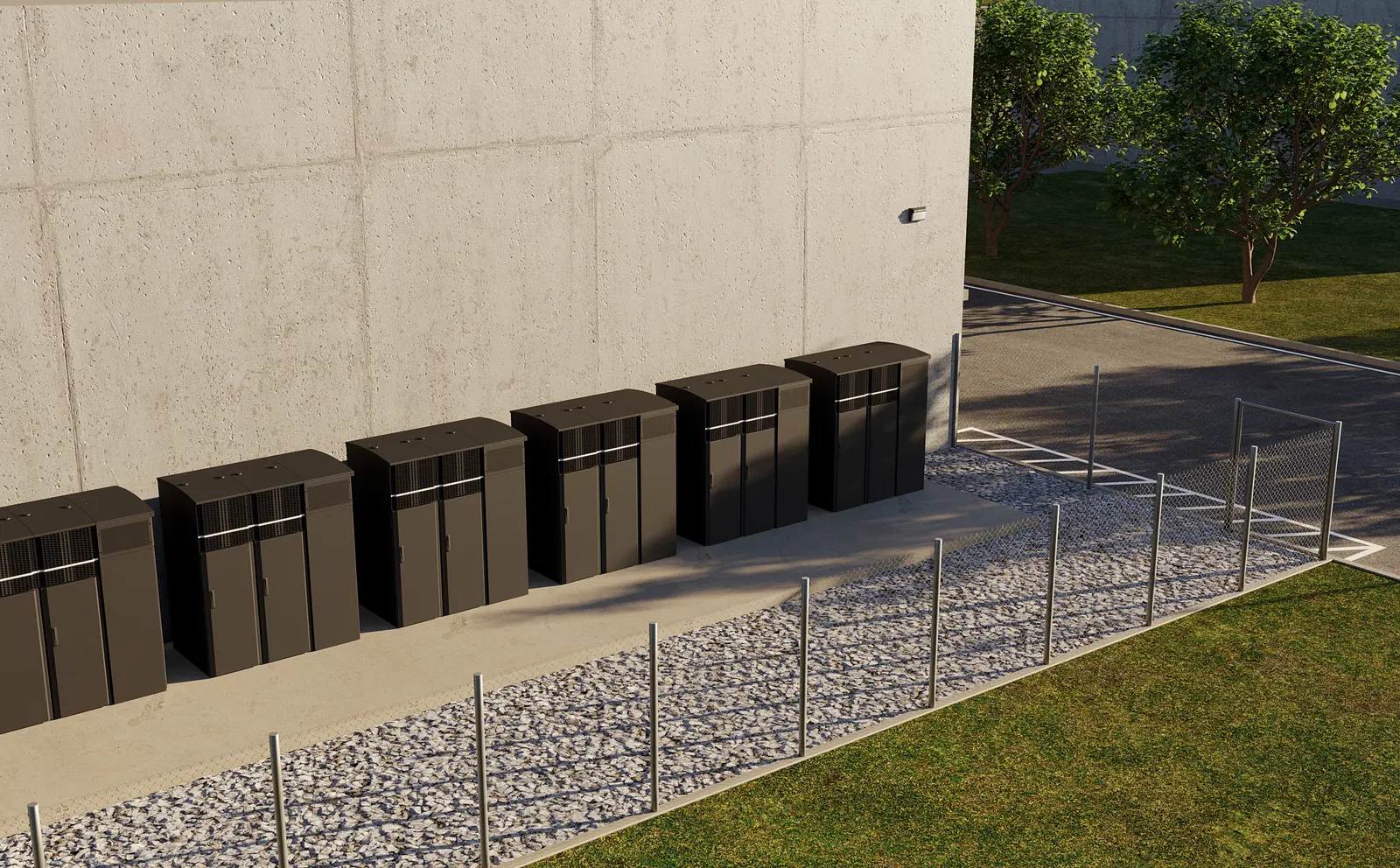 A row of Laika cabinets deployed along the side of an existing facility