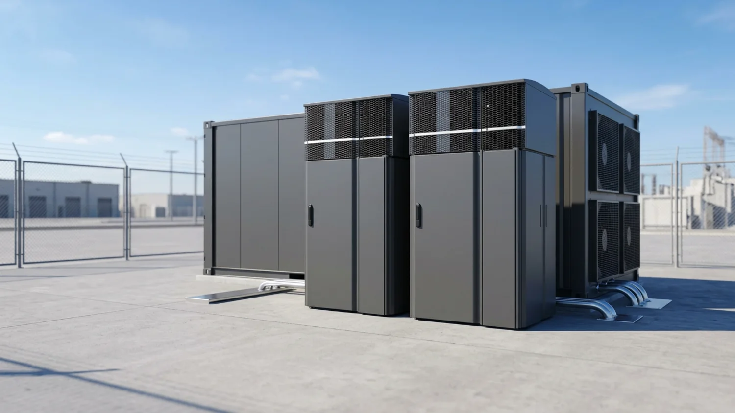 Two Laika systems on a prepared pad with containerized storage and heat rejection behind